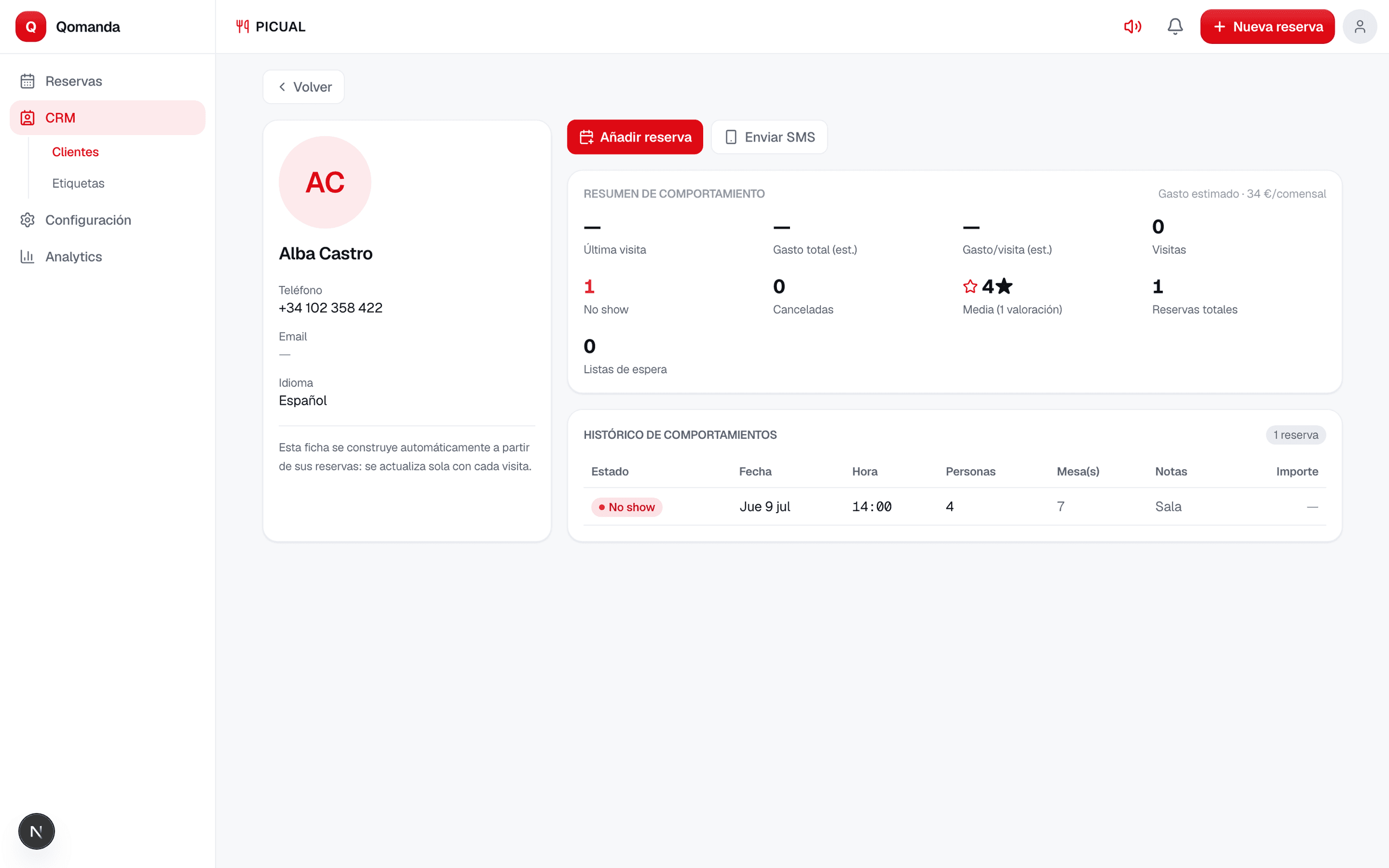 Ficha de cliente en el CRM de Qomanda