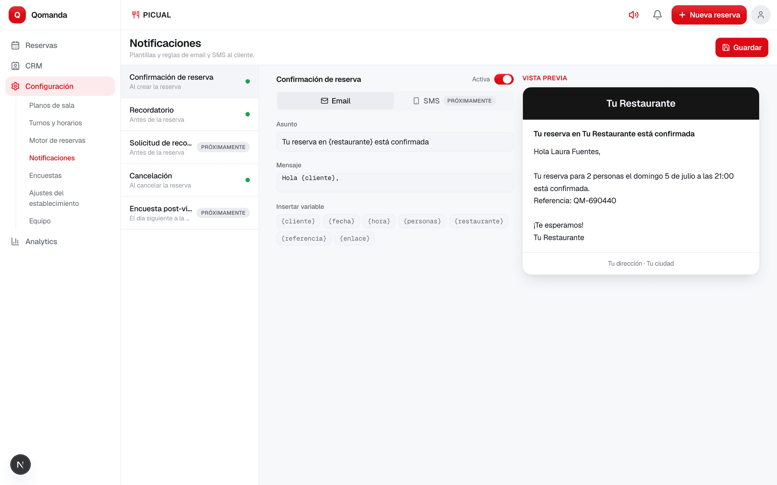 Panel de notificaciones de Qomanda con confirmaciones y recordatorios por email