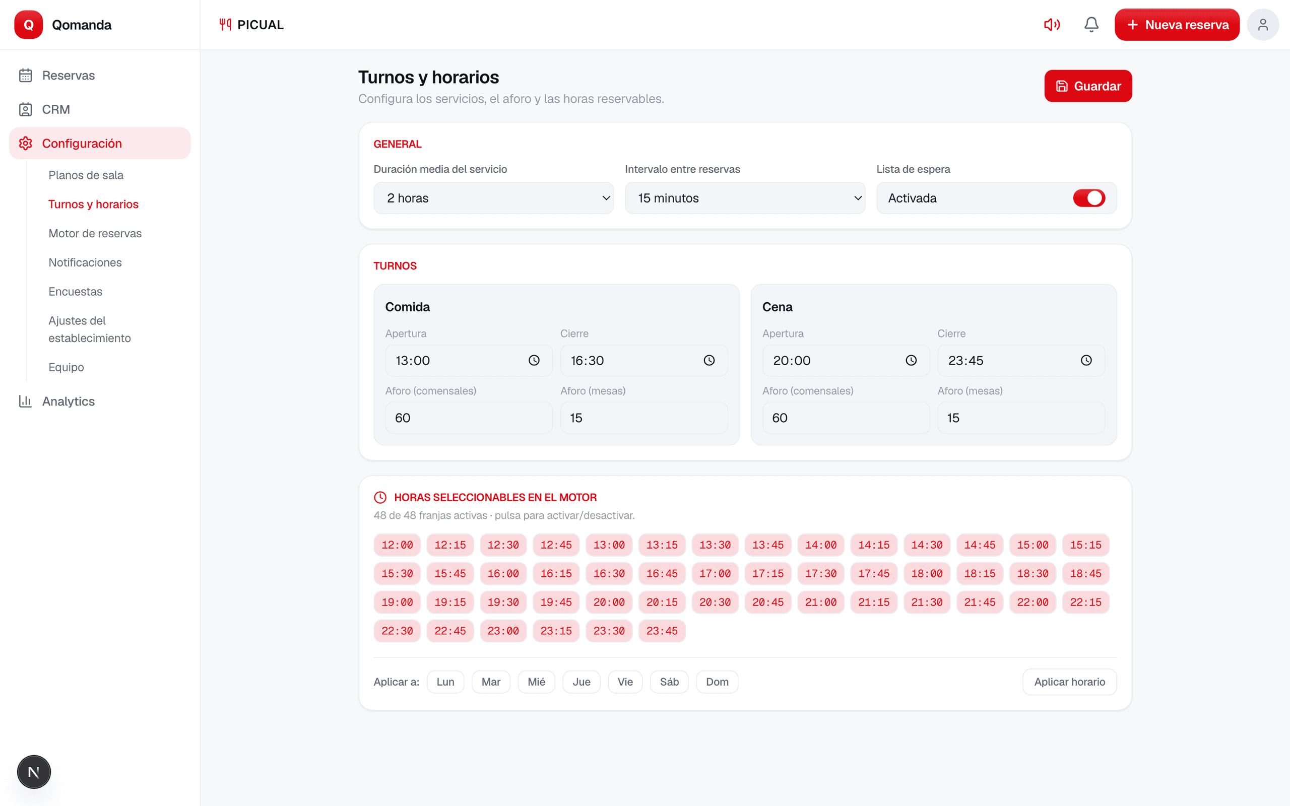 Configuración de turnos y aforo de Qomanda con franjas y capacidad por servicio